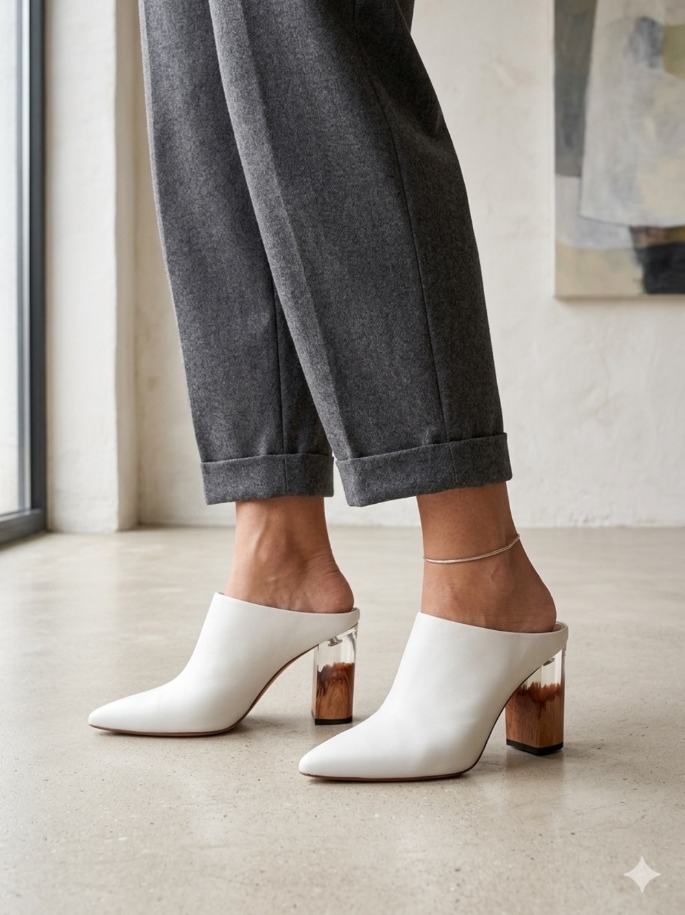 PLV White Leather Pointed- Toe Mule with Mirrored Gold Block Heel